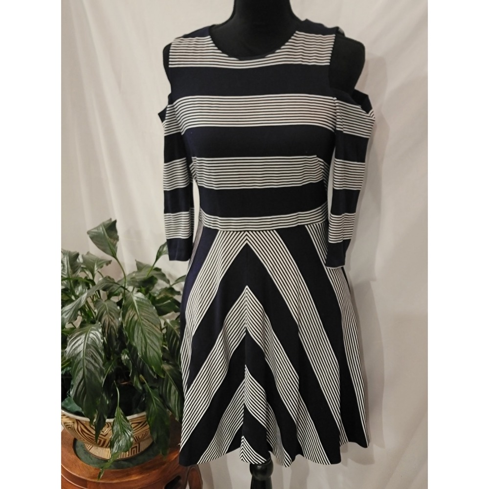 Eliza J Womens Navy White Striped Cold Shoulder Fit Flare Dress Size 10 EJ7M8156
